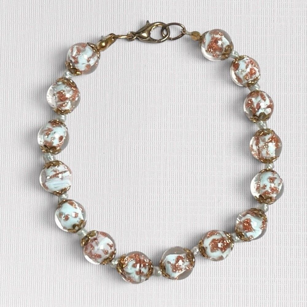 VTG Venetian Art Glass Beaded Bracelet Sommerso Blue Copper Aventurine Shimmer